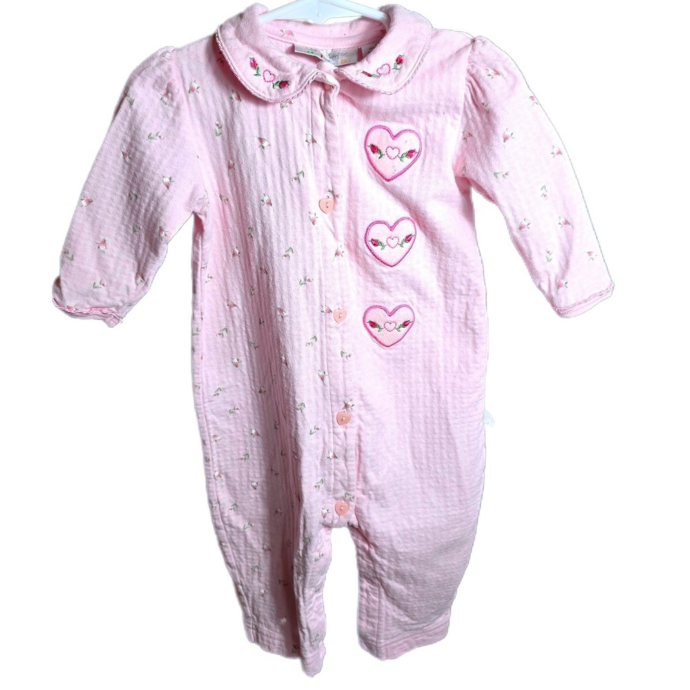 Vtg 80s Specialty Kids 18M Pink Popcorn Knit Romper‎ Embroidered Hearts